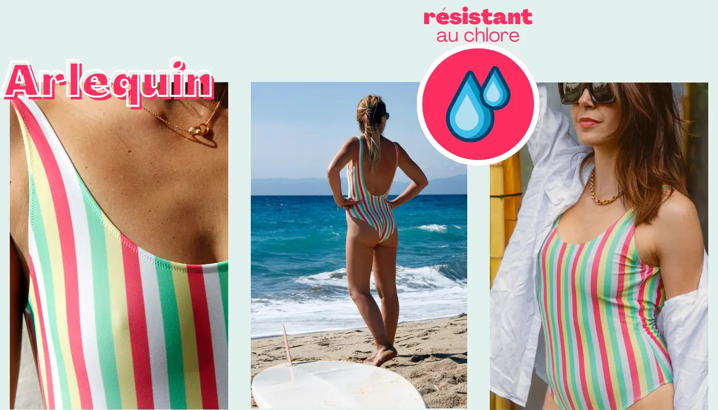 3 photos de maillot de bain éco responsable une pièce à rayures