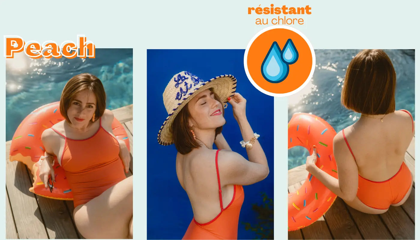 3 photos de femme portant un maillot de bain recyclé une pièce orange