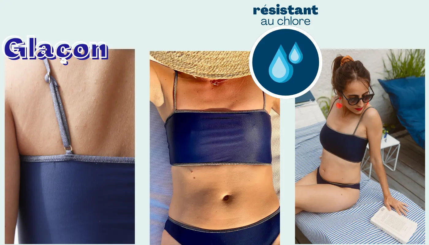 3 photos de femmes portant un maillot de bain brassière de sport éco responsable bleu marine
